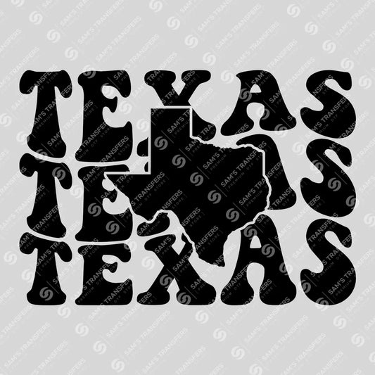 Apparel featuring a Texas Stacked State-themed DTF transfer.