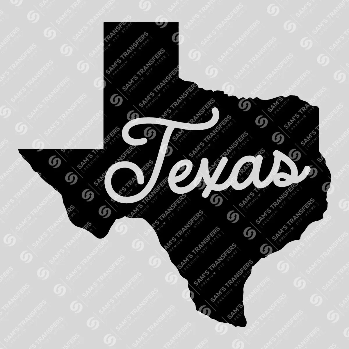 Apparel featuring a Texas Script State-themed DTF transfer.