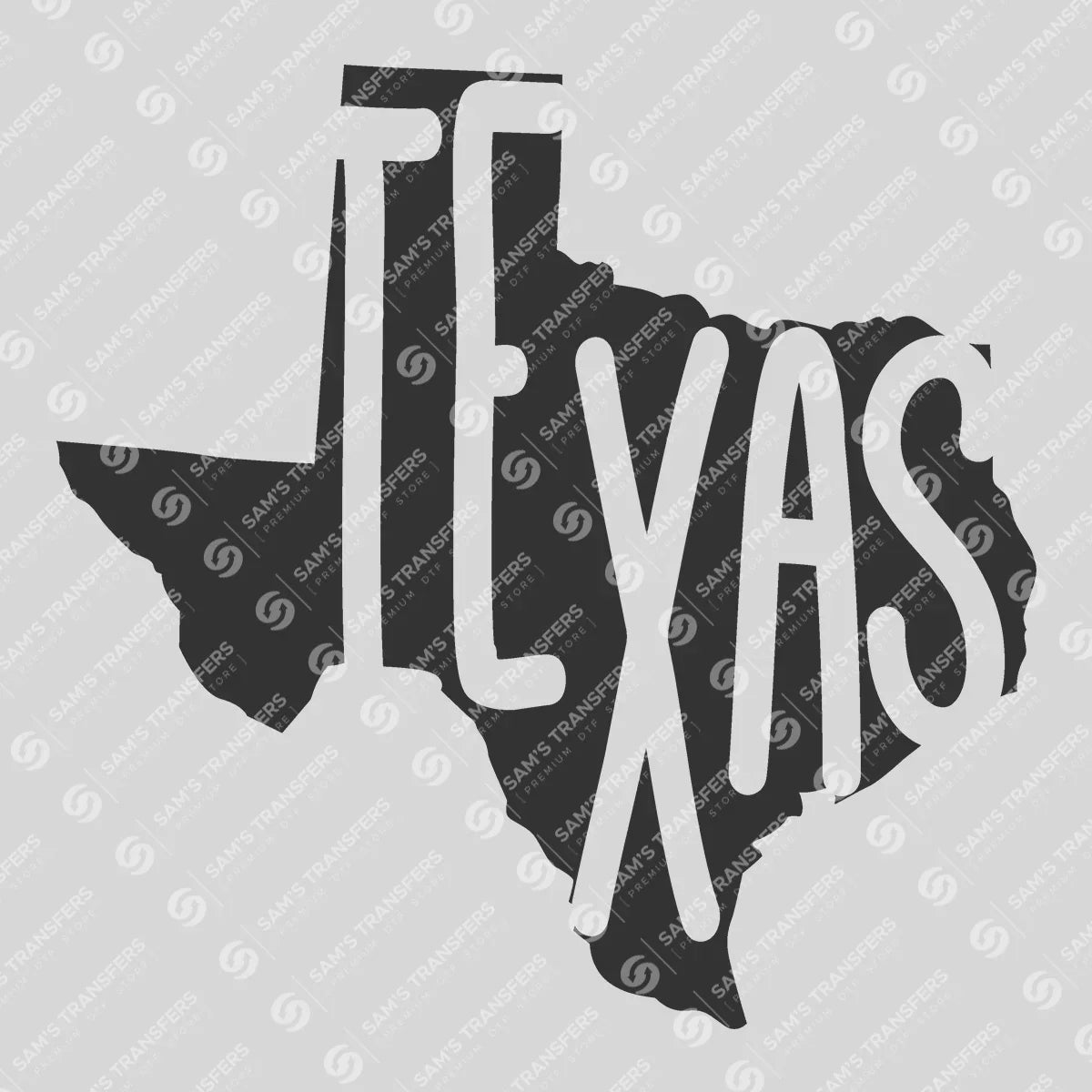 Apparel featuring a Texas State Lettering-themed DTF transfer.