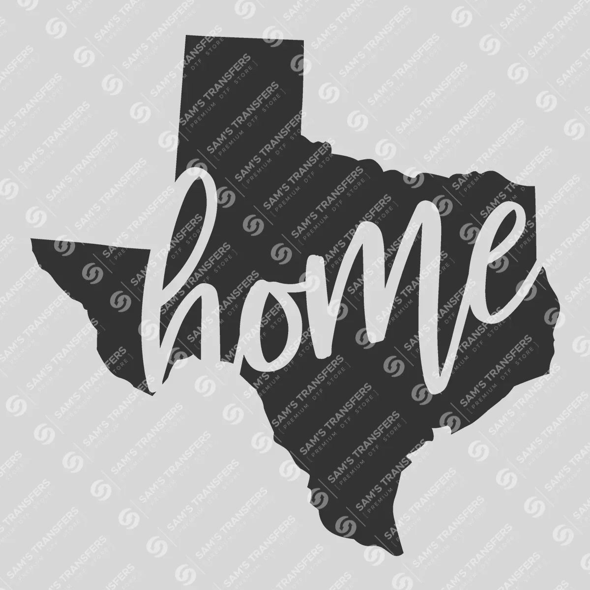 Apparel featuring a Texas Home Script-themed DTF transfer.