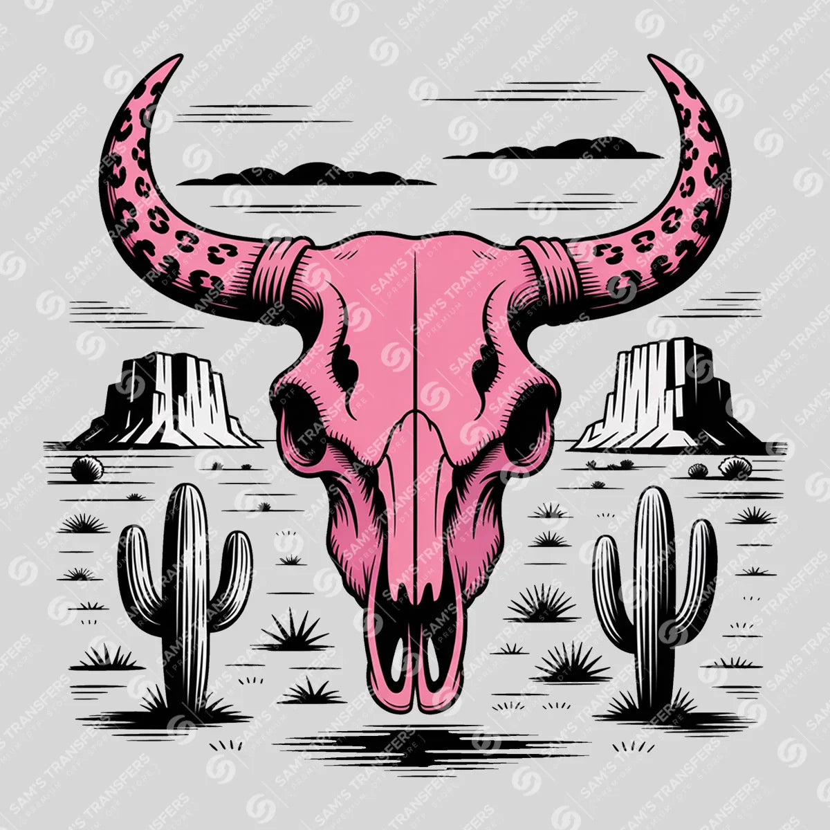 Apparel featuring a Pink Bull Skull Desert-themed DTF transfer.