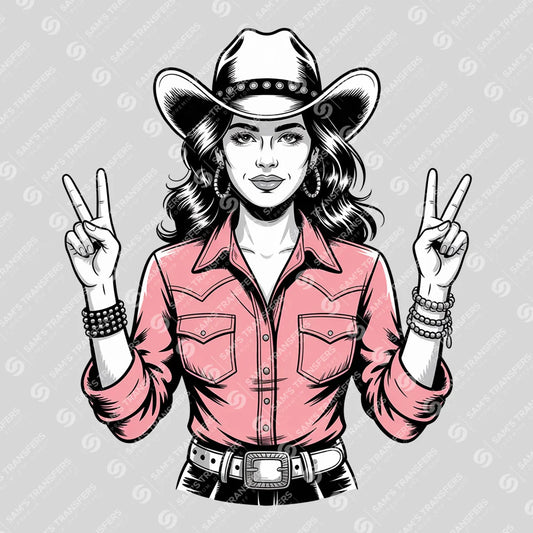 Apparel featuring a Peace Sign Cowgirl-themed DTF transfer.