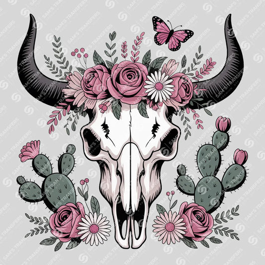 Apparel featuring a Floral Cow Skull-themed DTF transfer.