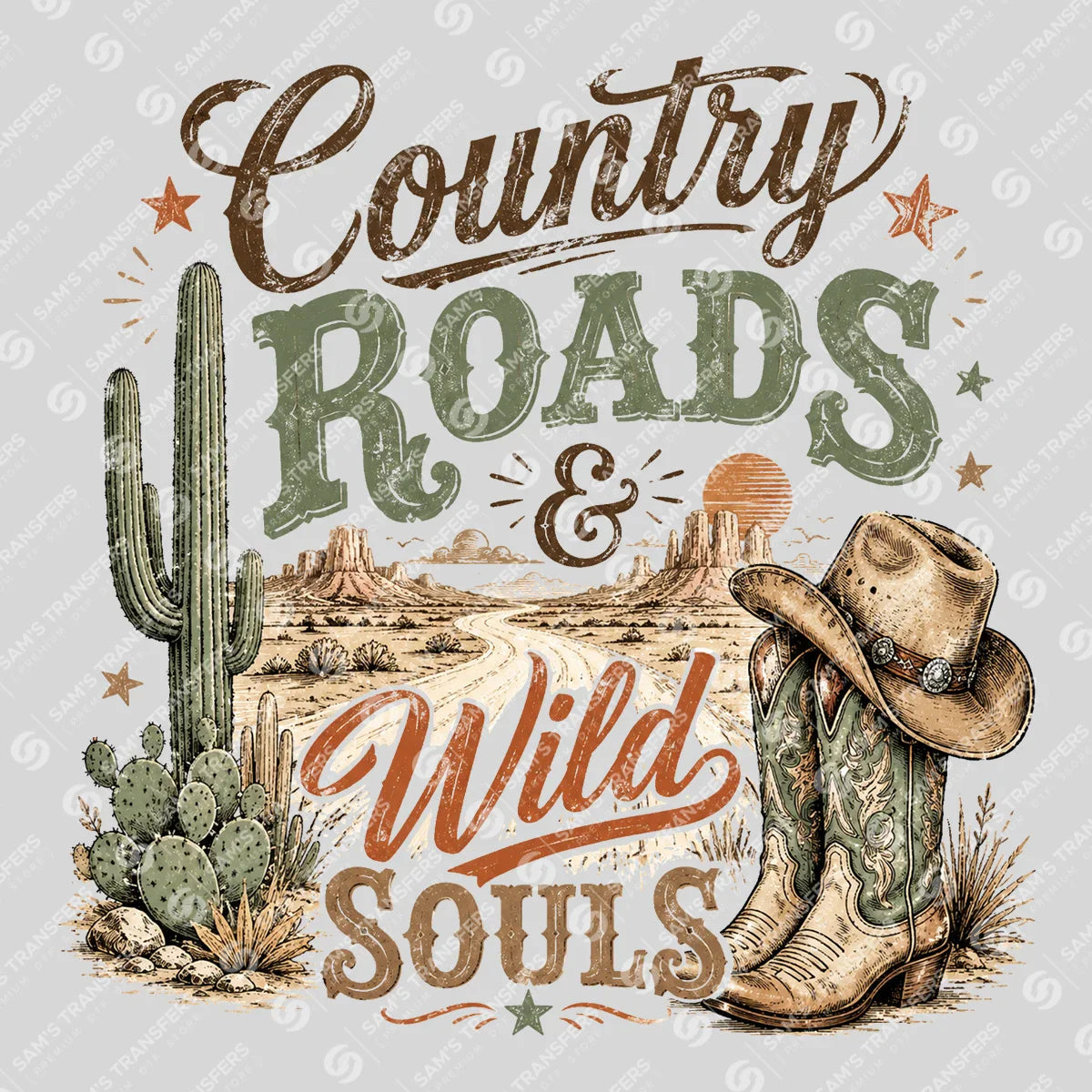 Apparel featuring a Country Roads and Wild Souls-themed DTF transfer.