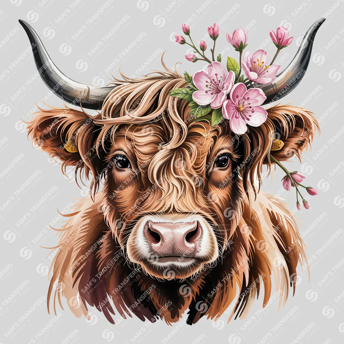 Apparel featuring a Highland Cow Floral-themed DTF transfer.