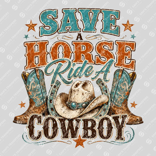 Apparel featuring a Save a Horse Ride a Cowboy-themed DTF transfer.