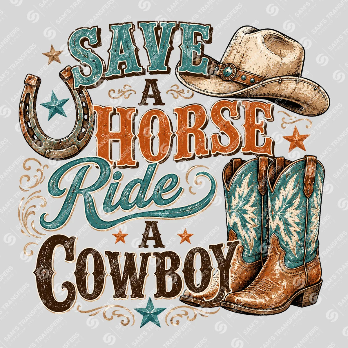 Apparel featuring a Save a Horse Ride a Cowboy Retro-themed DTF transfer.