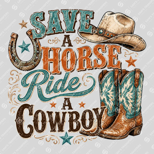 Apparel featuring a Save a Horse Ride a Cowboy Retro-themed DTF transfer.