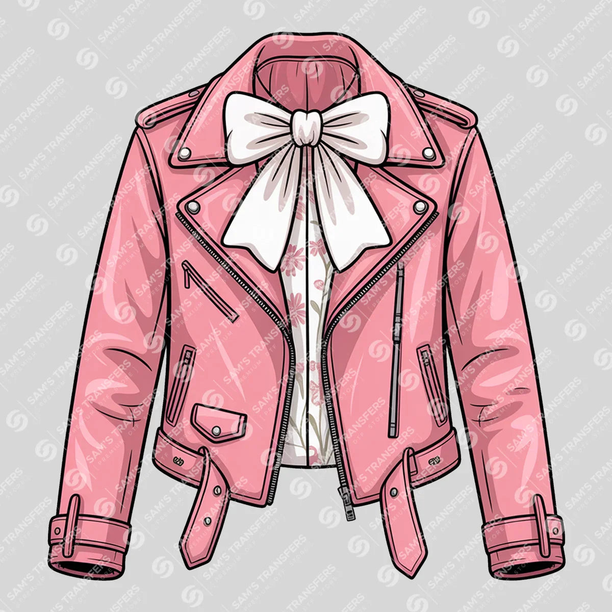 Apparel featuring a Pink Leather Jacket Bow-themed DTF transfer.