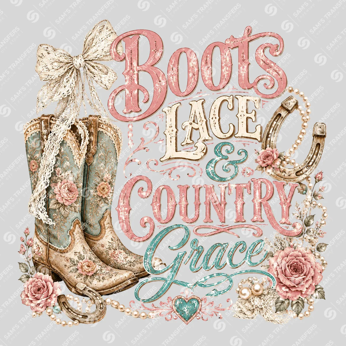 Apparel featuring a Boots Lace and Country Grace-themed DTF transfer.