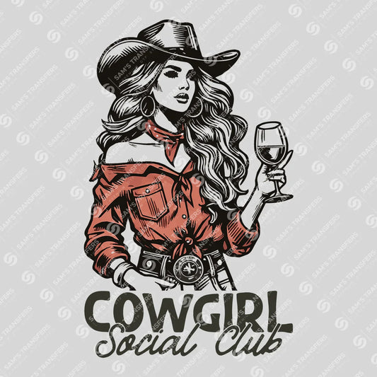 Apparel featuring a Cowgirl Social Club Wine-themed DTF transfer.