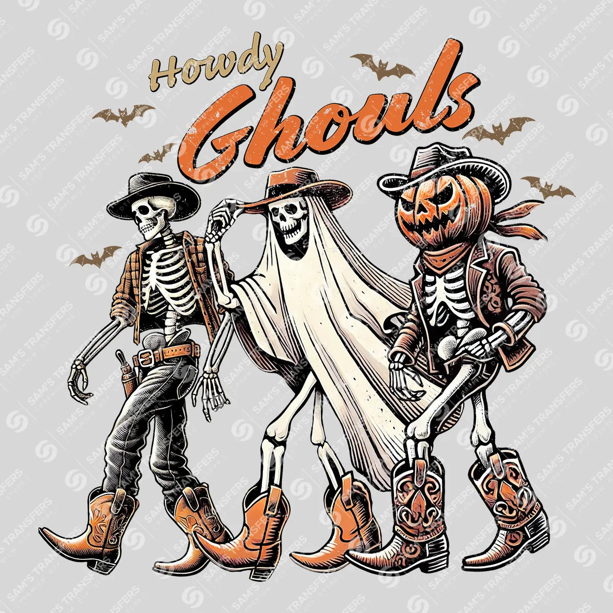 Apparel featuring a Howdy Ghouls-themed DTF transfer.