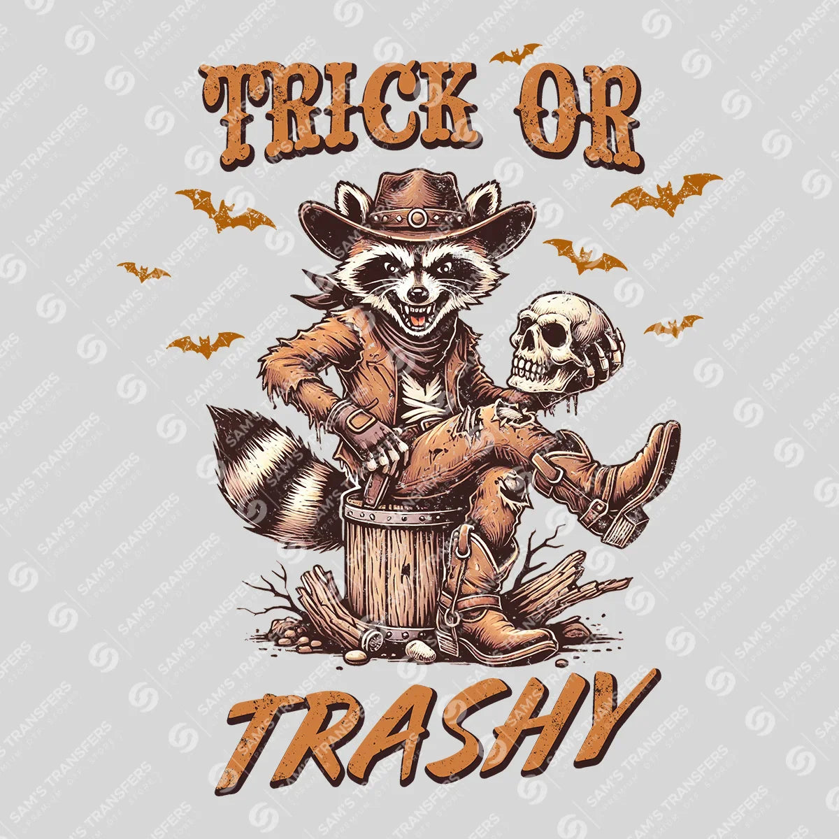 Apparel featuring a Trick or Trashy-themed DTF transfer.