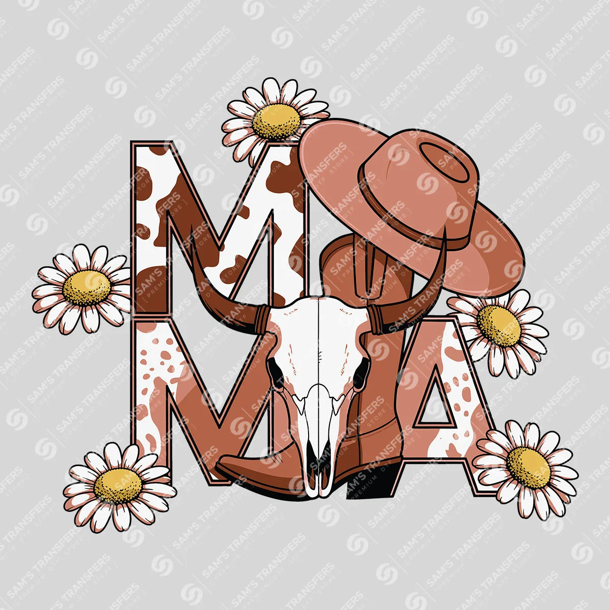 Apparel featuring a Mama Cow Skull-themed DTF transfer.