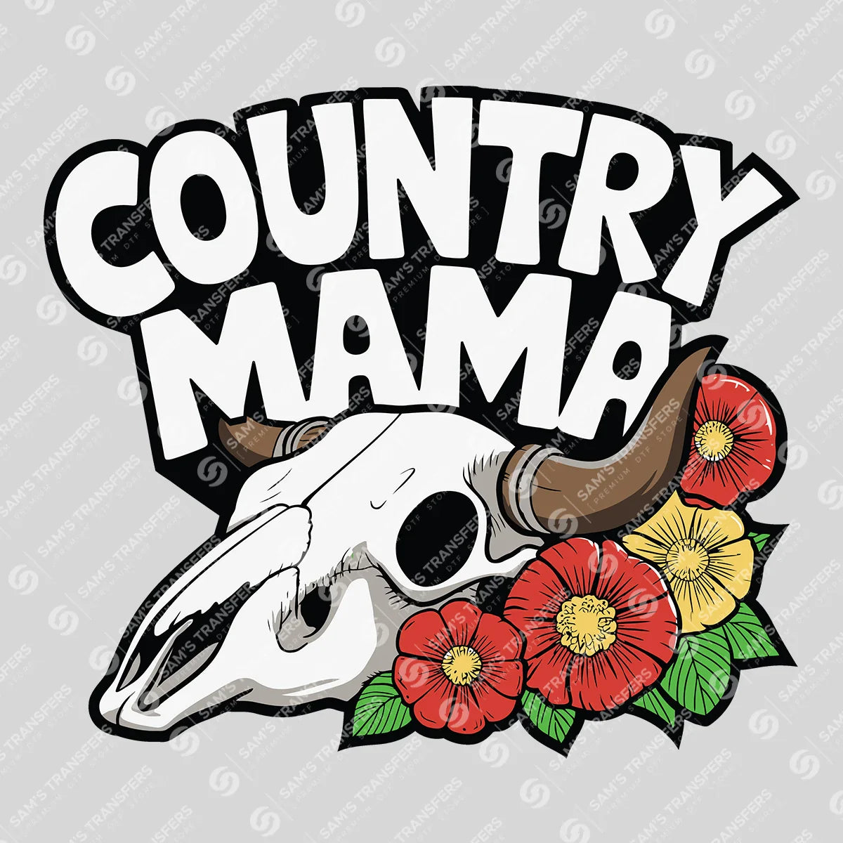 Apparel featuring a Country Mama Skull-themed DTF transfer.
