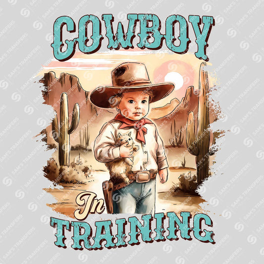 Apparel featuring a Cowboy in Training-themed DTF transfer.