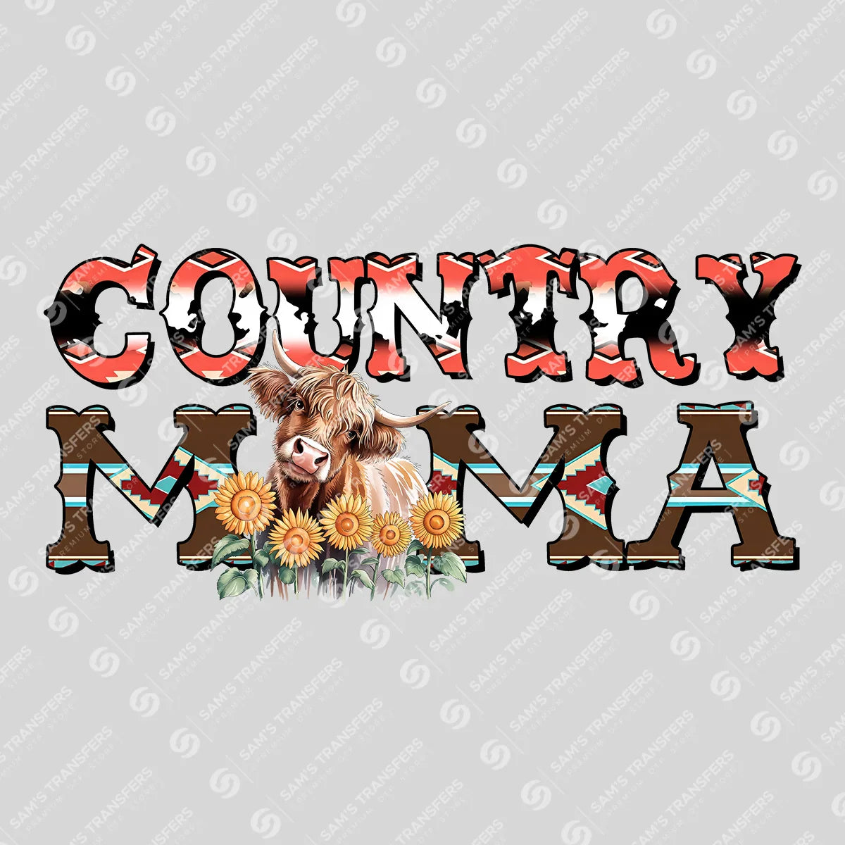 Apparel featuring a Country Mama Highland Cow-themed DTF transfer.