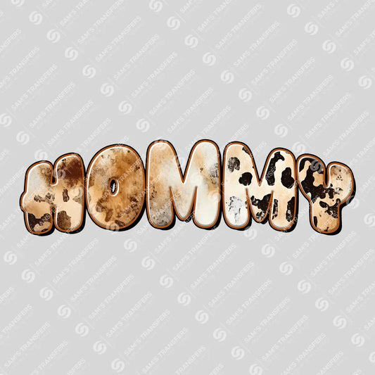 Apparel featuring a Mommy Cowhide-themed DTF transfer.