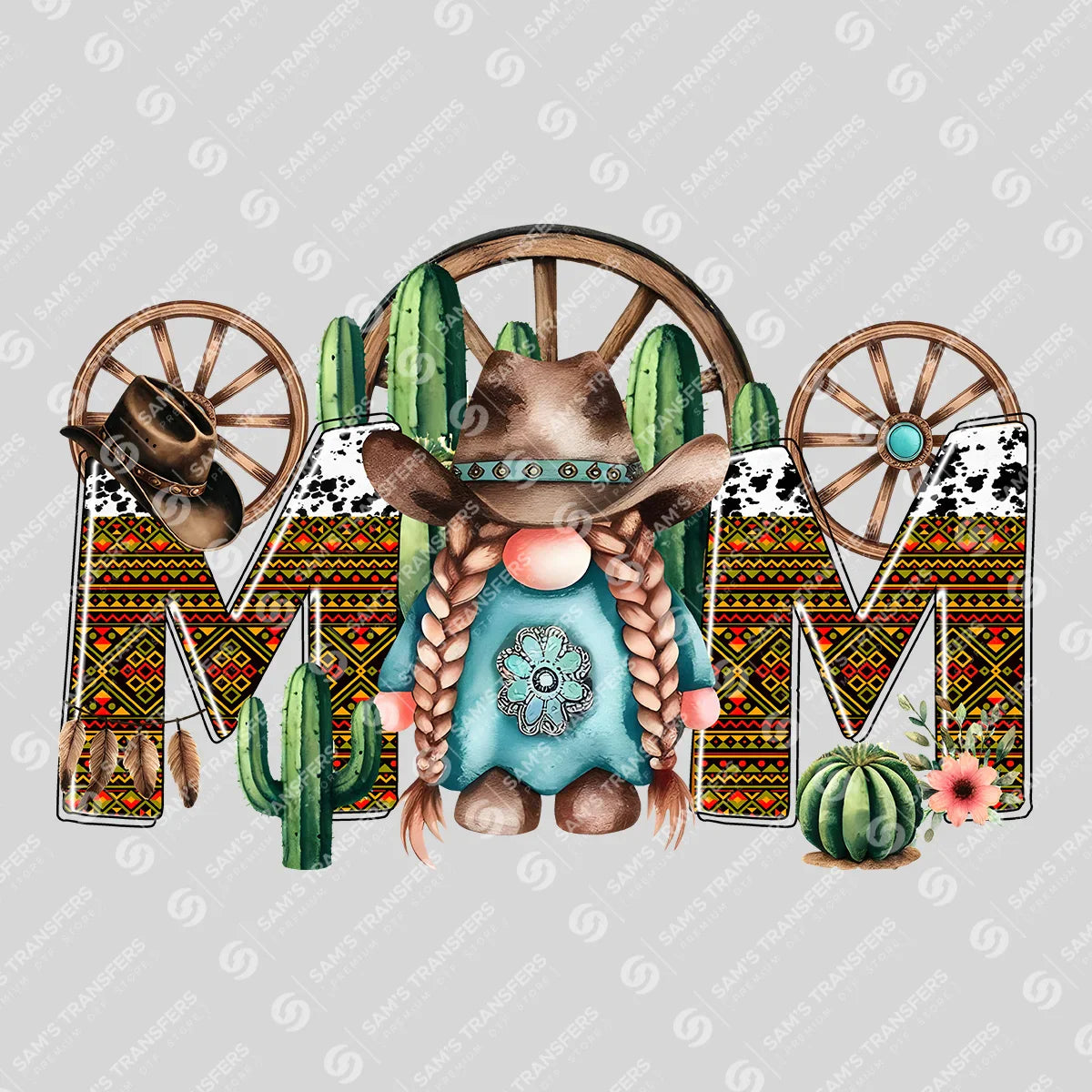 Apparel featuring a Western Gnome Mom-themed DTF transfer.
