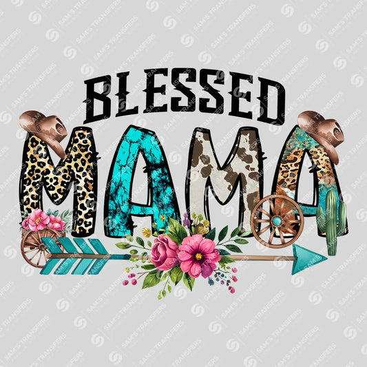 Apparel featuring a Blessed Mama-themed DTF transfer.