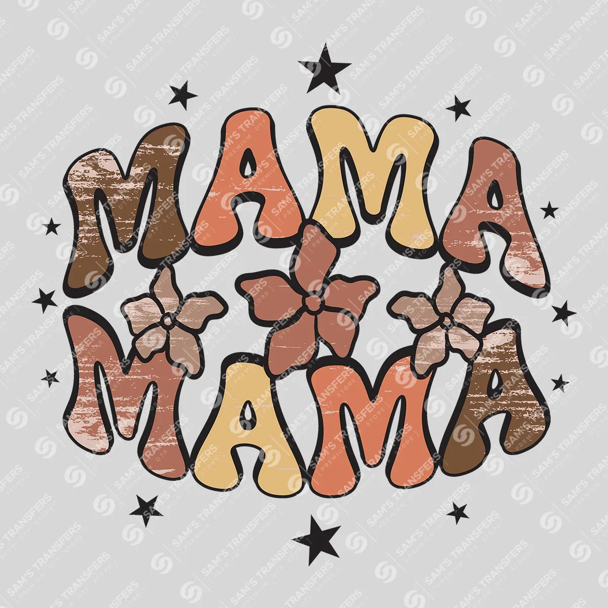 Apparel featuring a Mama Retro Stars-themed DTF transfer.