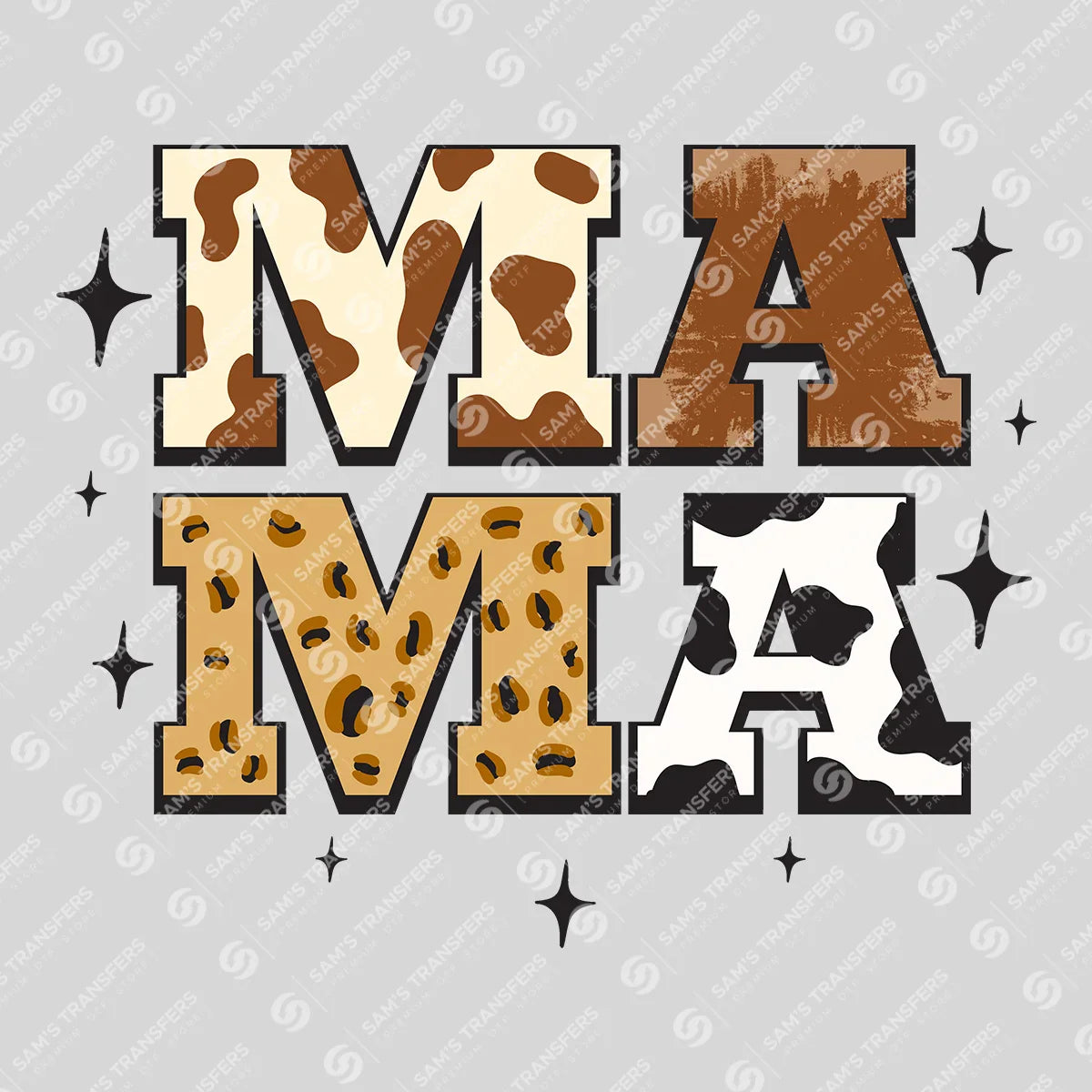 Apparel featuring a Mama Cow Leopard-themed DTF transfer.