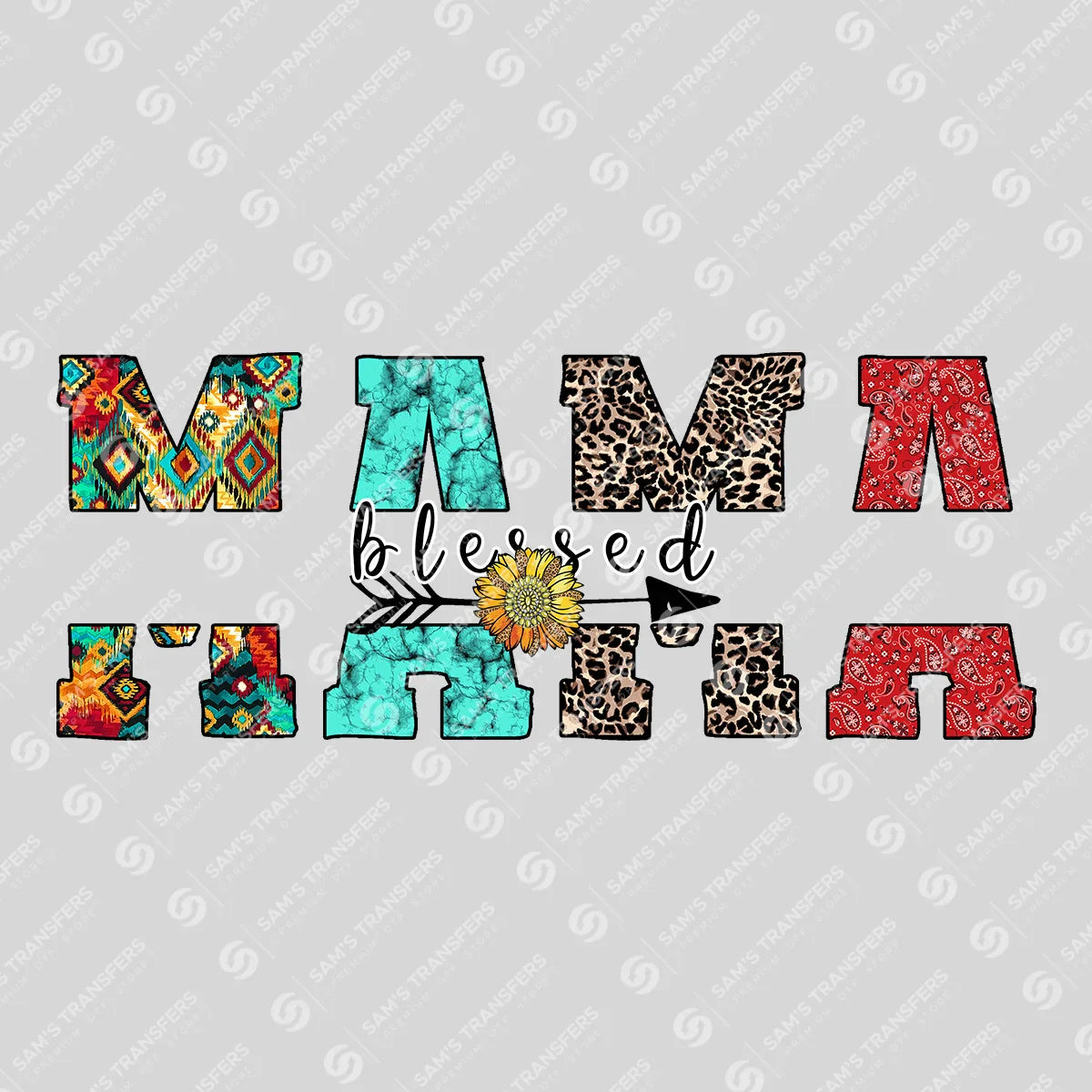 Apparel featuring a Blessed Mama Aztec-themed DTF transfer.