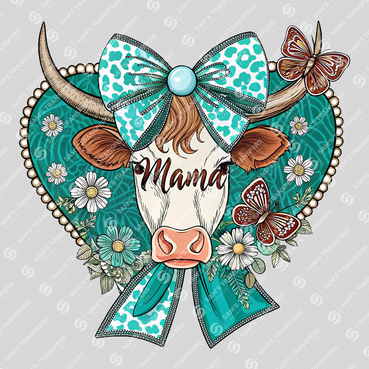 Apparel featuring a Mama Highland Cow Heart-themed DTF transfer.