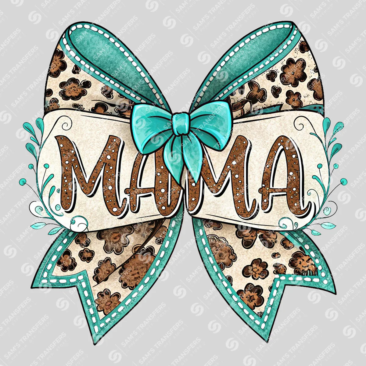 Apparel featuring a Mama Teal Bow-themed DTF transfer.
