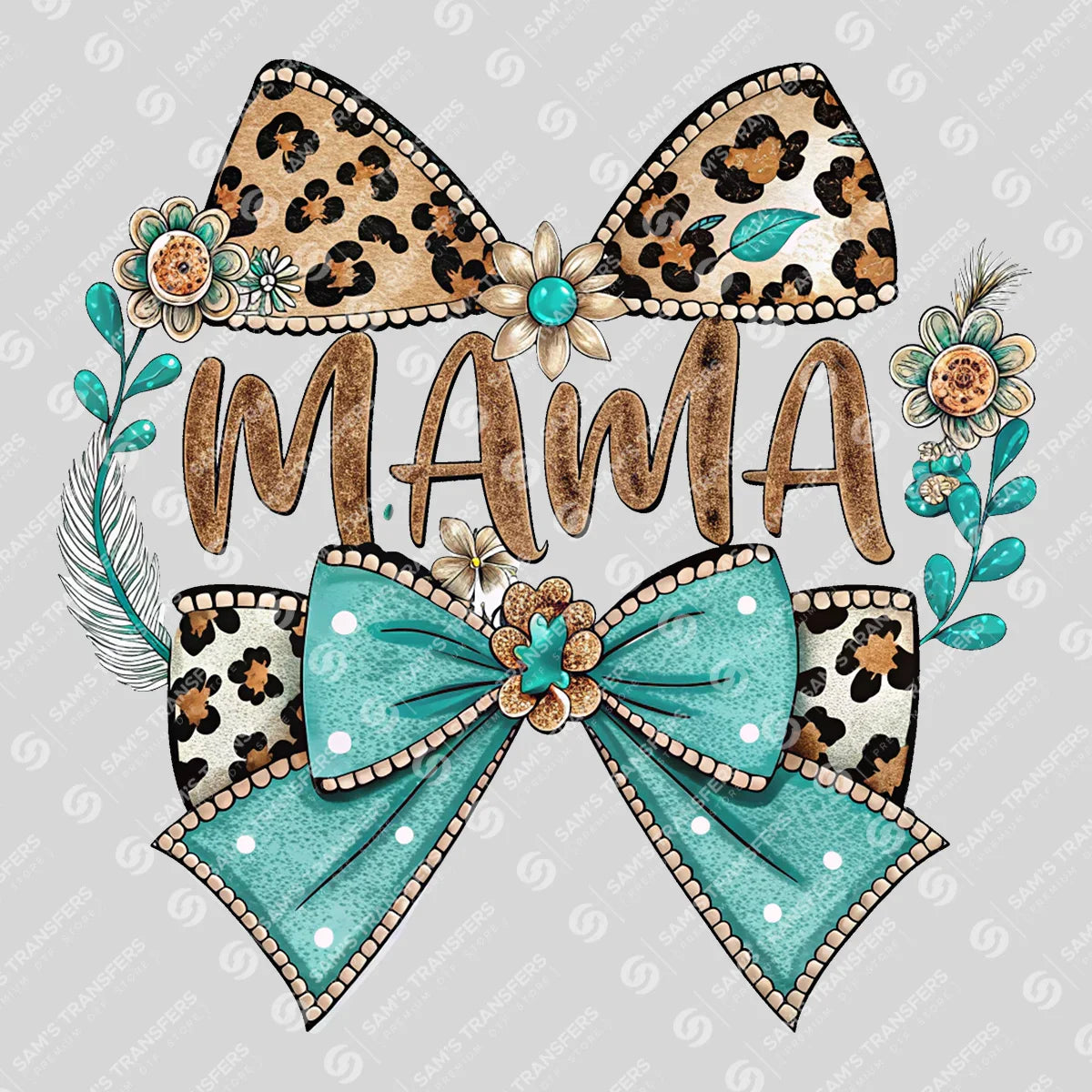 Apparel featuring a Mama Leopard Turquoise Bow-themed DTF transfer.