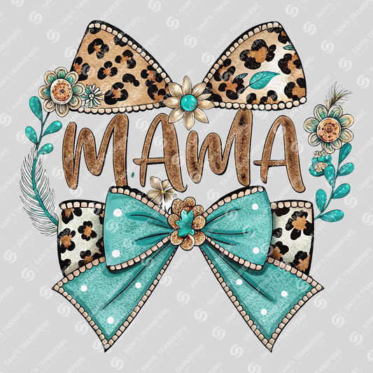 Apparel featuring a Mama Leopard Turquoise Bow-themed DTF transfer.