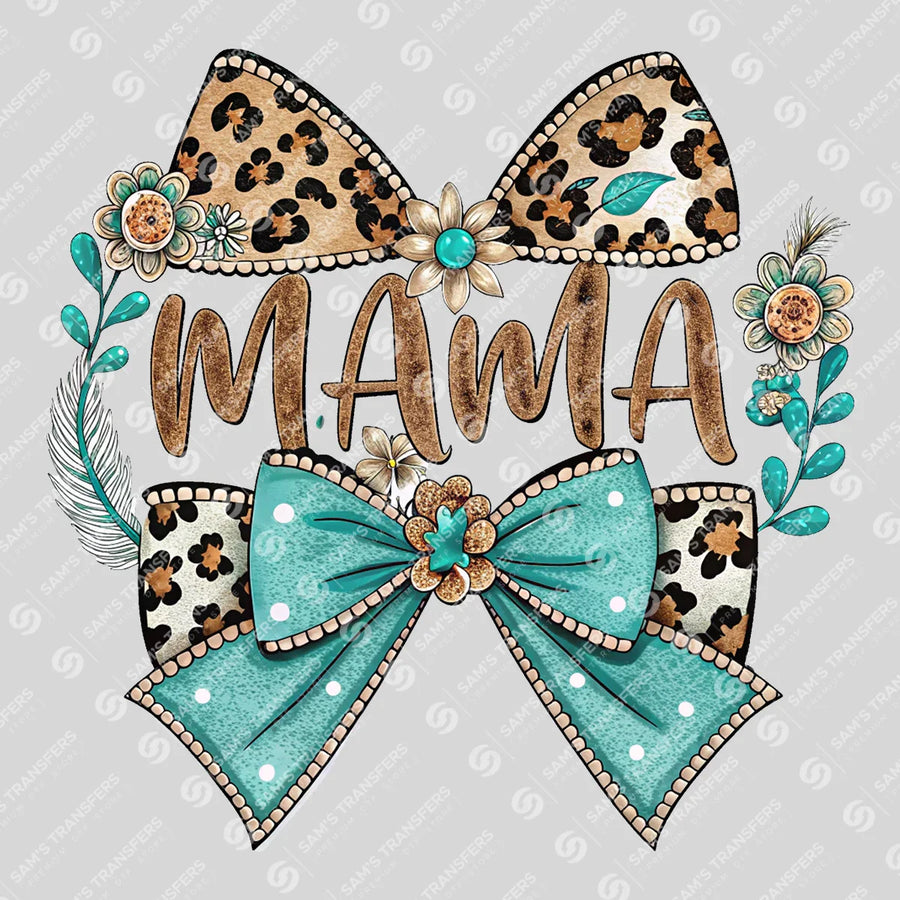 Mama Leopard Turquoise Bow Ready-to-Press DTF Transfer | SAT09037