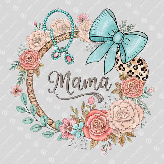 Apparel featuring a Mama Wreath Bow-themed DTF transfer.