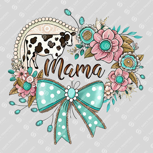 Apparel featuring a Mama Cow Floral Bow-themed DTF transfer.