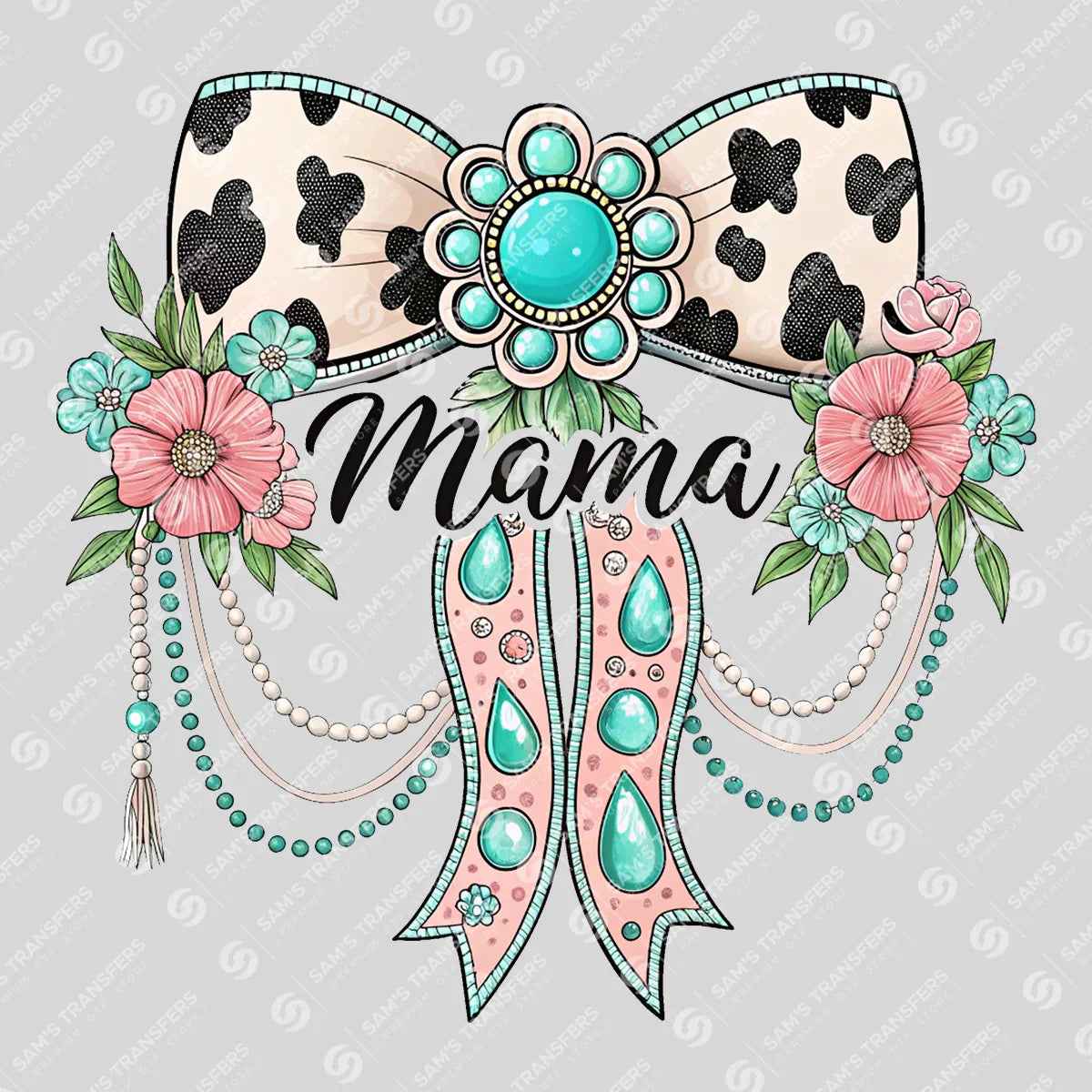 Apparel featuring a Mama Cowhide Bow-themed DTF transfer.