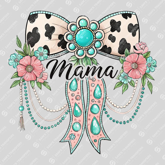 Apparel featuring a Mama Cowhide Bow-themed DTF transfer.