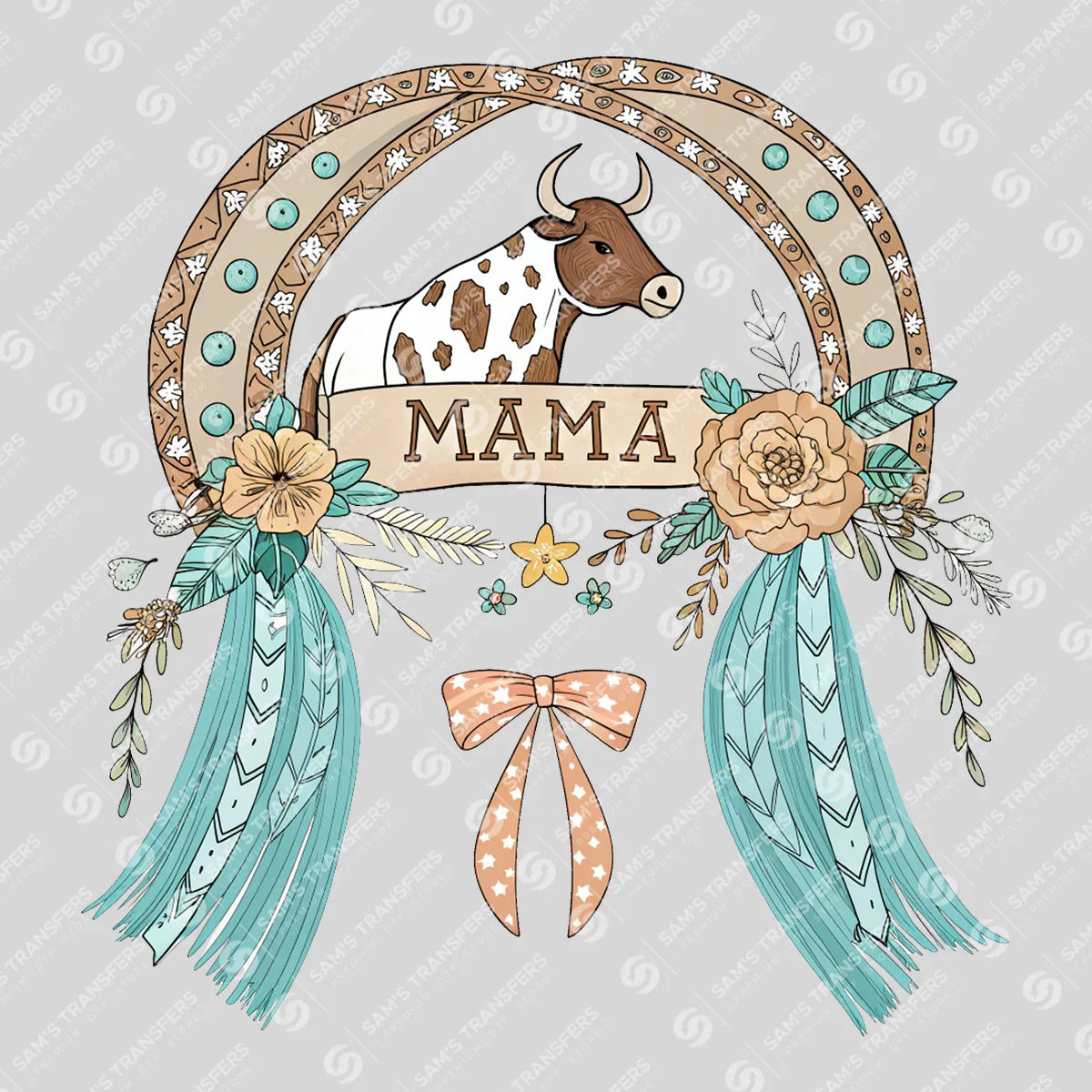 Apparel featuring a Mama Bull Boho-themed DTF transfer.