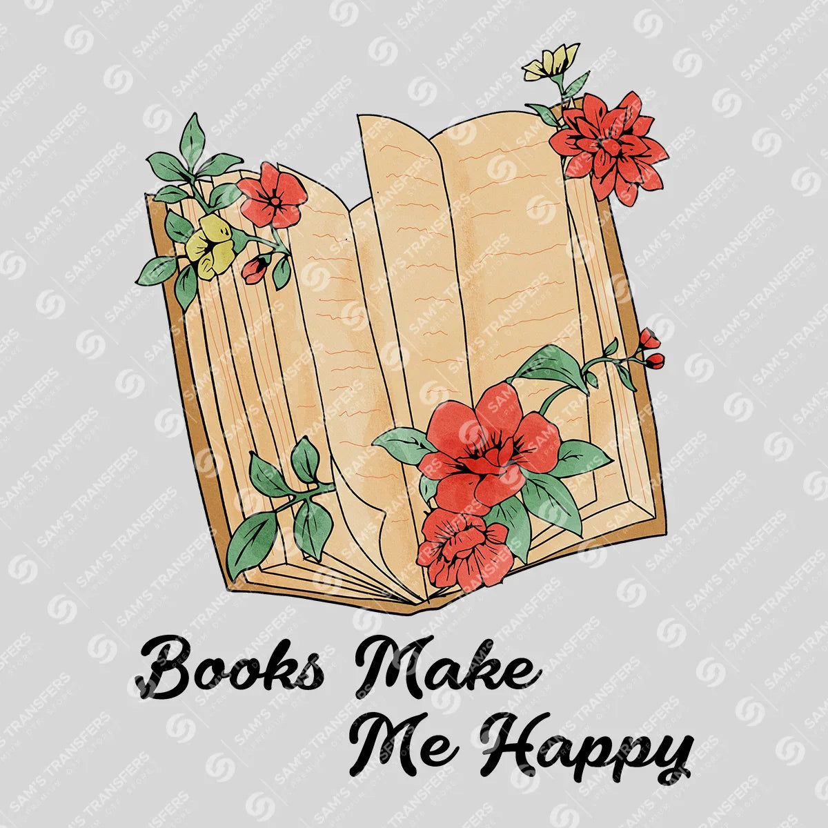 Apparel featuring a Books Make Me Happy-themed DTF transfer.