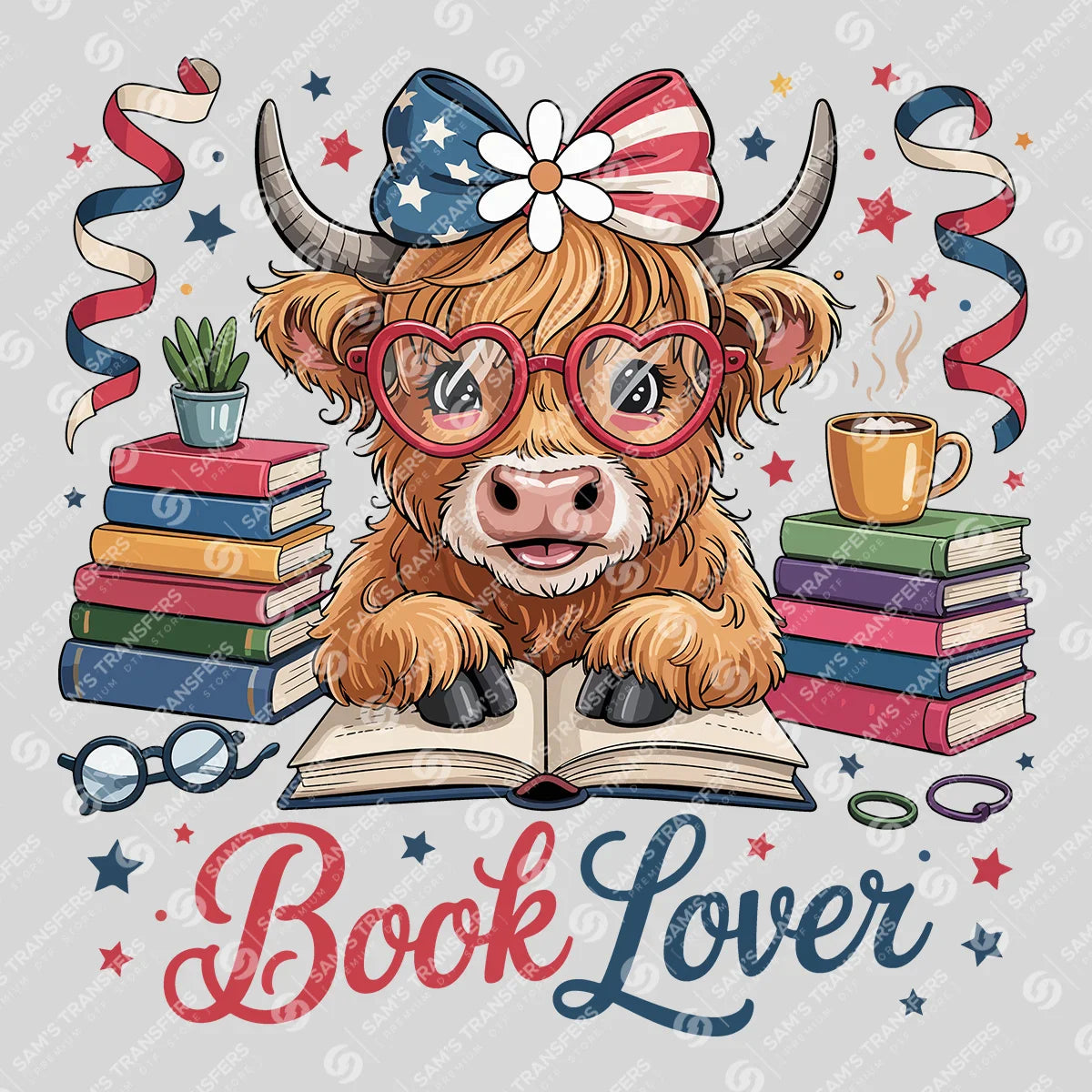 Apparel featuring a Book Lover Highland Cow-themed DTF transfer.