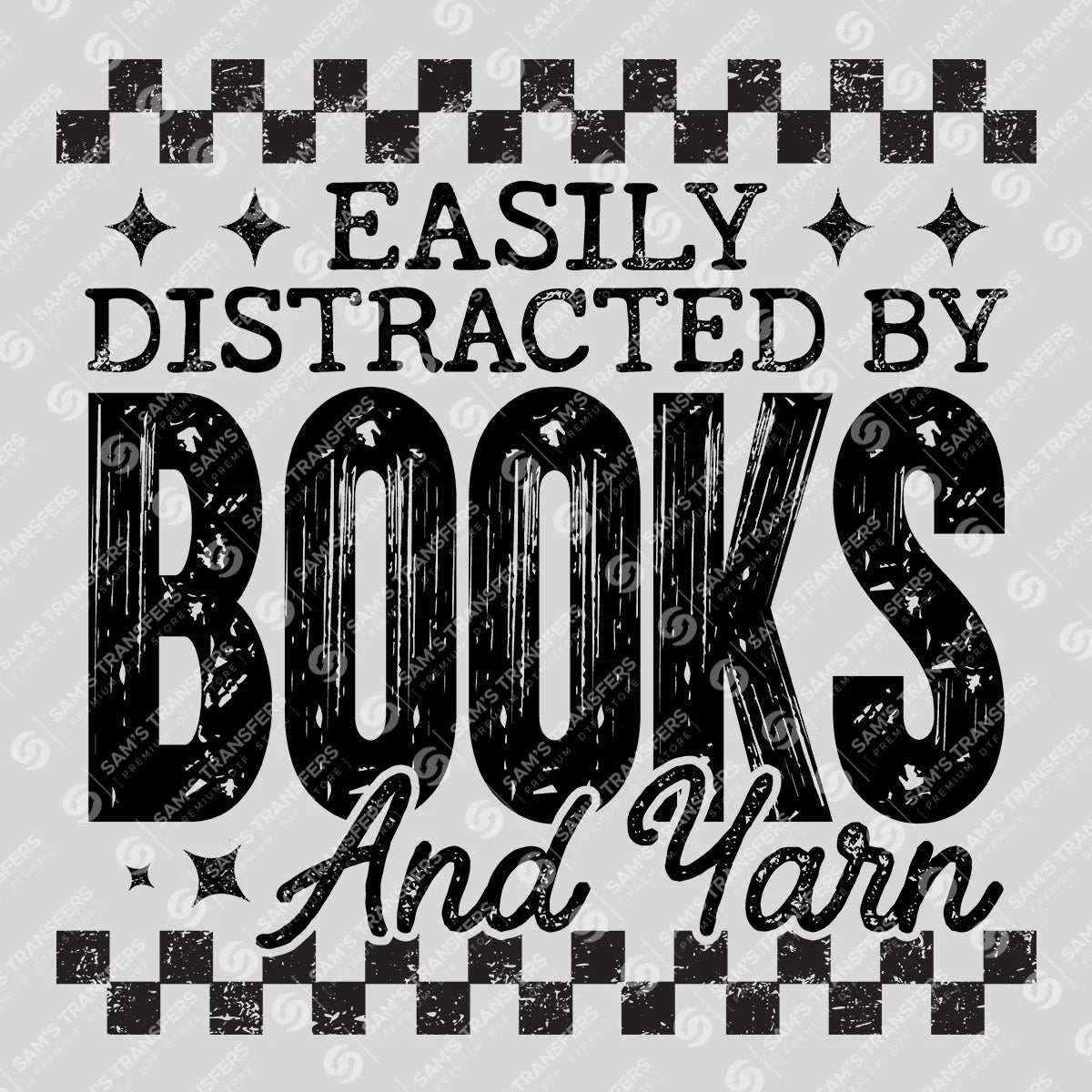 Apparel featuring a Easily Distracted by Books and Yarn-themed DTF transfer.