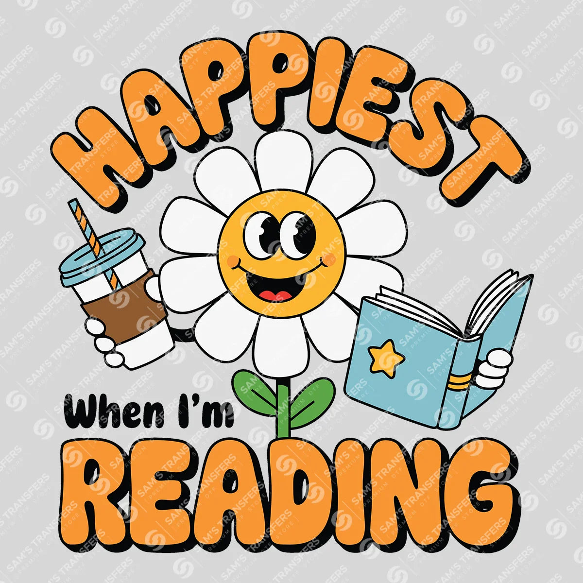 Apparel featuring a Happiest When I'm Reading-themed DTF transfer.