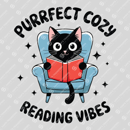 Apparel featuring a Purrfect Cozy Reading Vibes-themed DTF transfer.