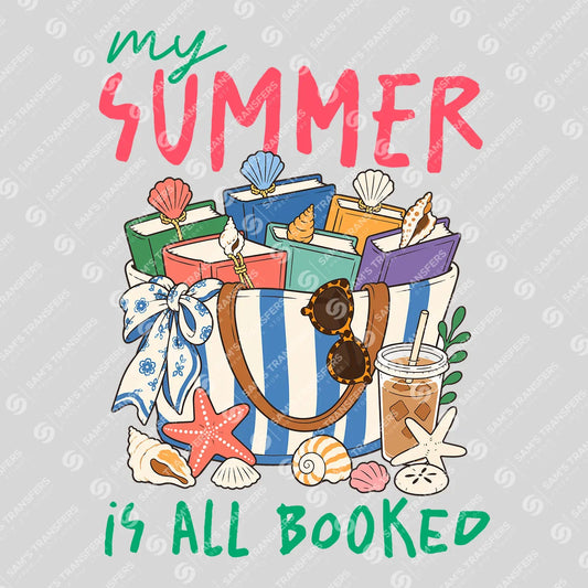 Apparel featuring a My Summer Is All Booked-themed DTF transfer.