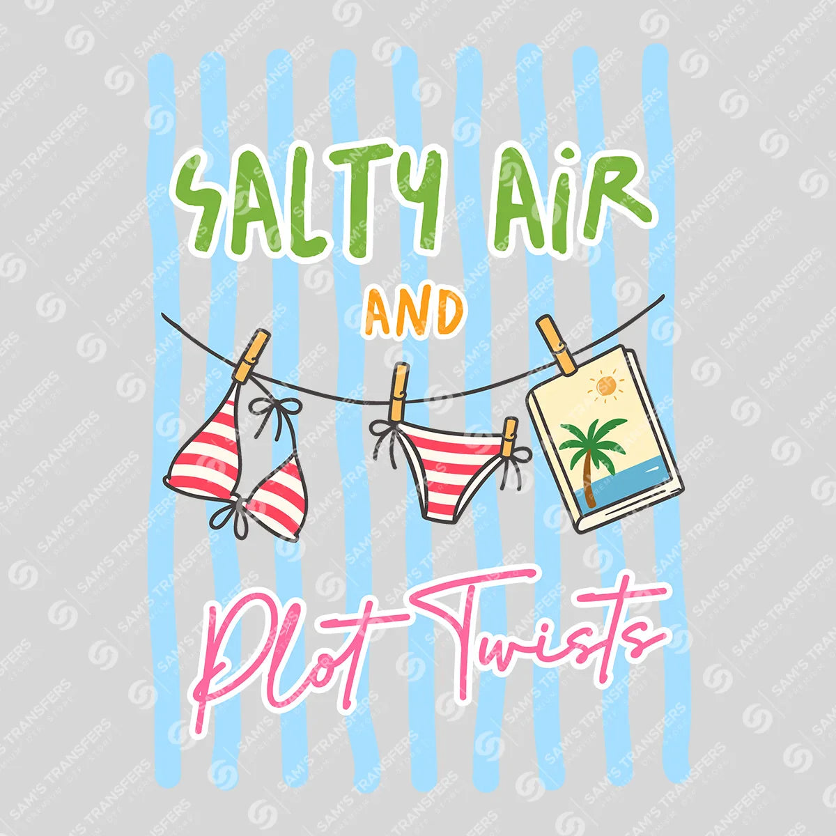 Apparel featuring a Salty Air and Plot Twists-themed DTF transfer.