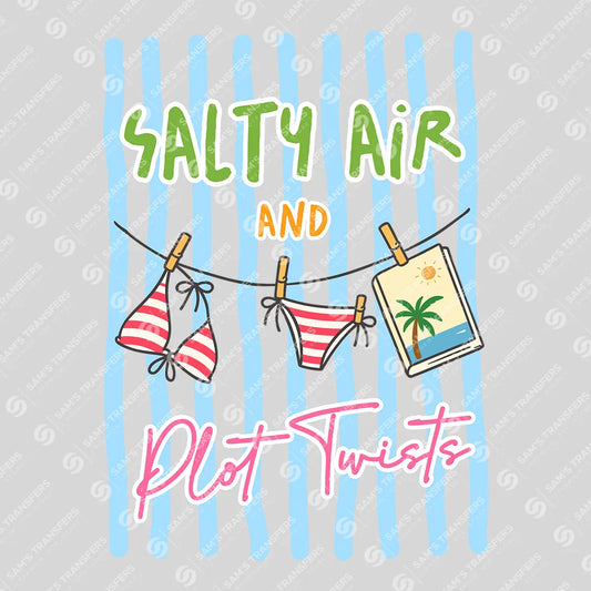 Apparel featuring a Salty Air and Plot Twists-themed DTF transfer.