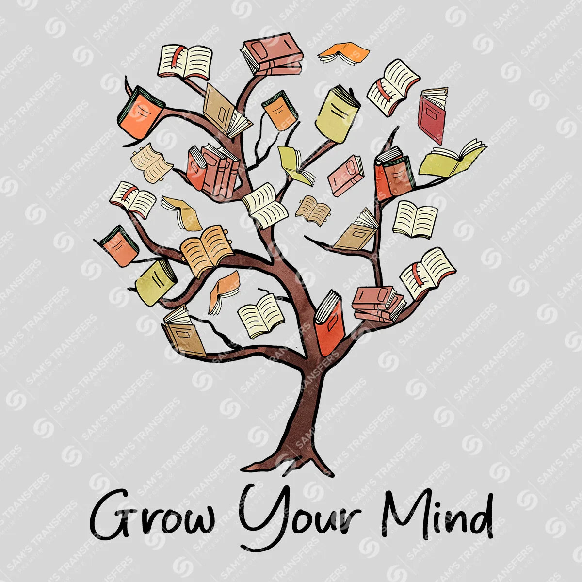 Apparel featuring a Grow Your Mind Book Tree-themed DTF transfer.