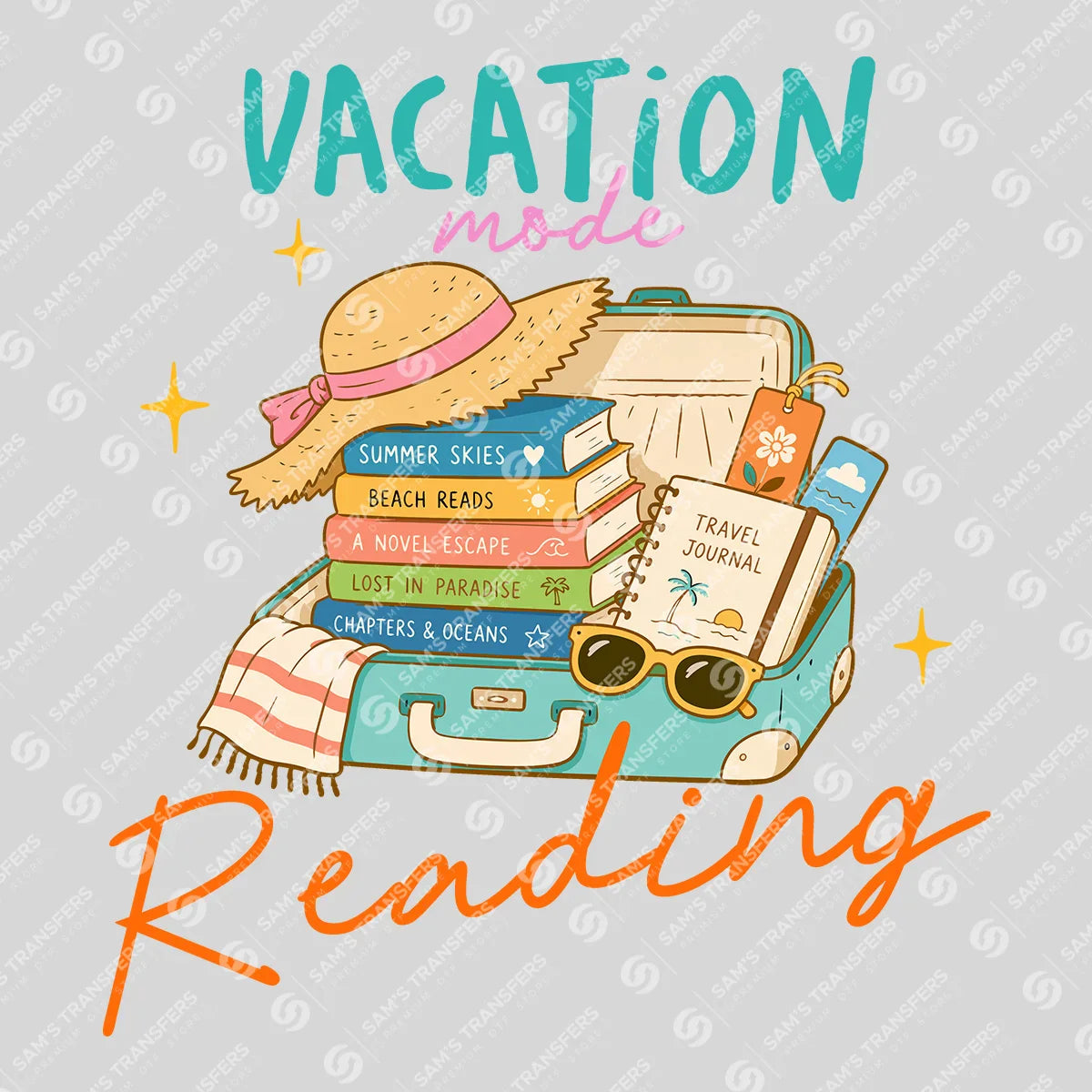 Apparel featuring a Vacation Mode Reading-themed DTF transfer.