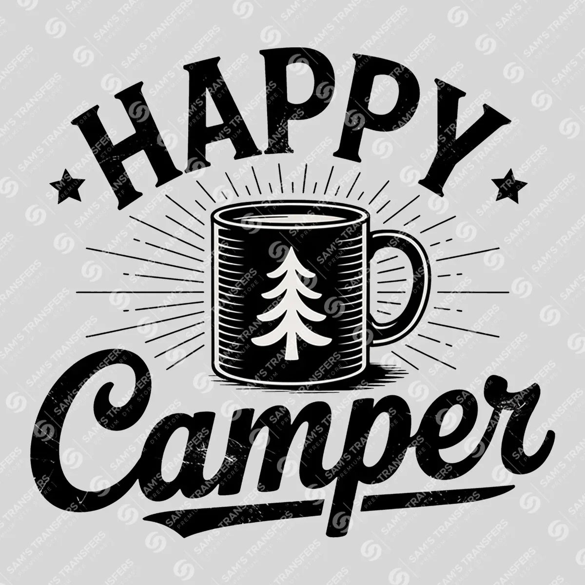 Apparel featuring a Happy Camper Mug-themed DTF transfer.