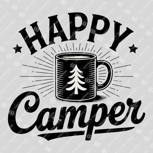 Apparel featuring a Happy Camper Mug-themed DTF transfer.