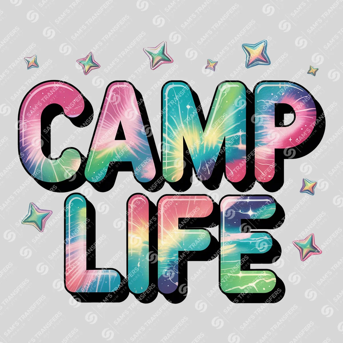 Apparel featuring a Camp Life-themed DTF transfer.